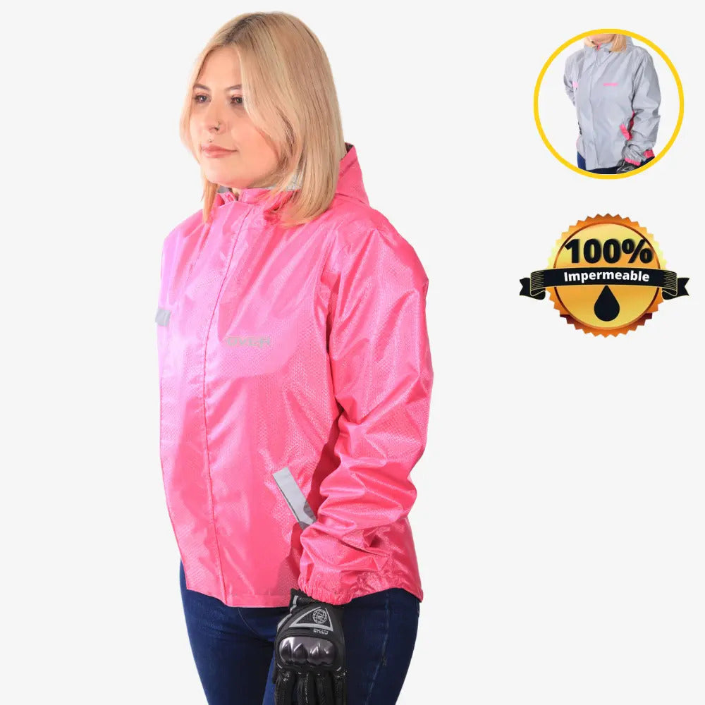 Chaqueta Impermeable Doble Faz Reflectiva Over 100% Rosada Dama