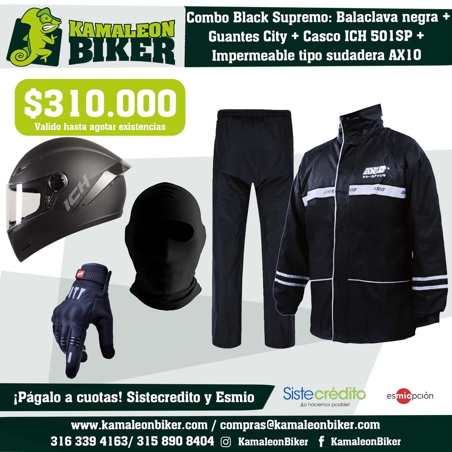 Combo Black Supremo: Balaclava negra + Guantes City + Casco ICH 501SP + Impermeable tipo sudadera AX10