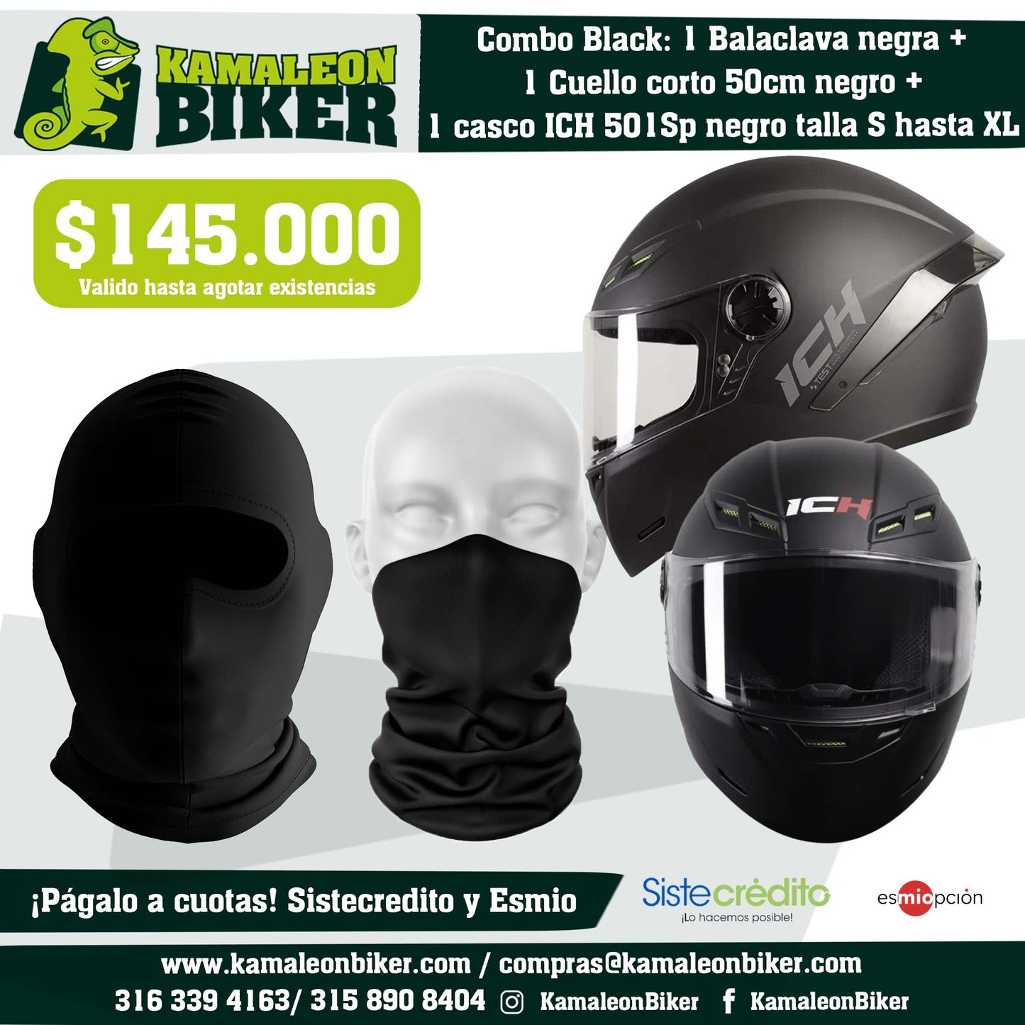 Combo Black: 1 Balaclava negra + 1 Cuello corto 50cm negro + 1 casco ICH 501Sp negro talla S hasta XL