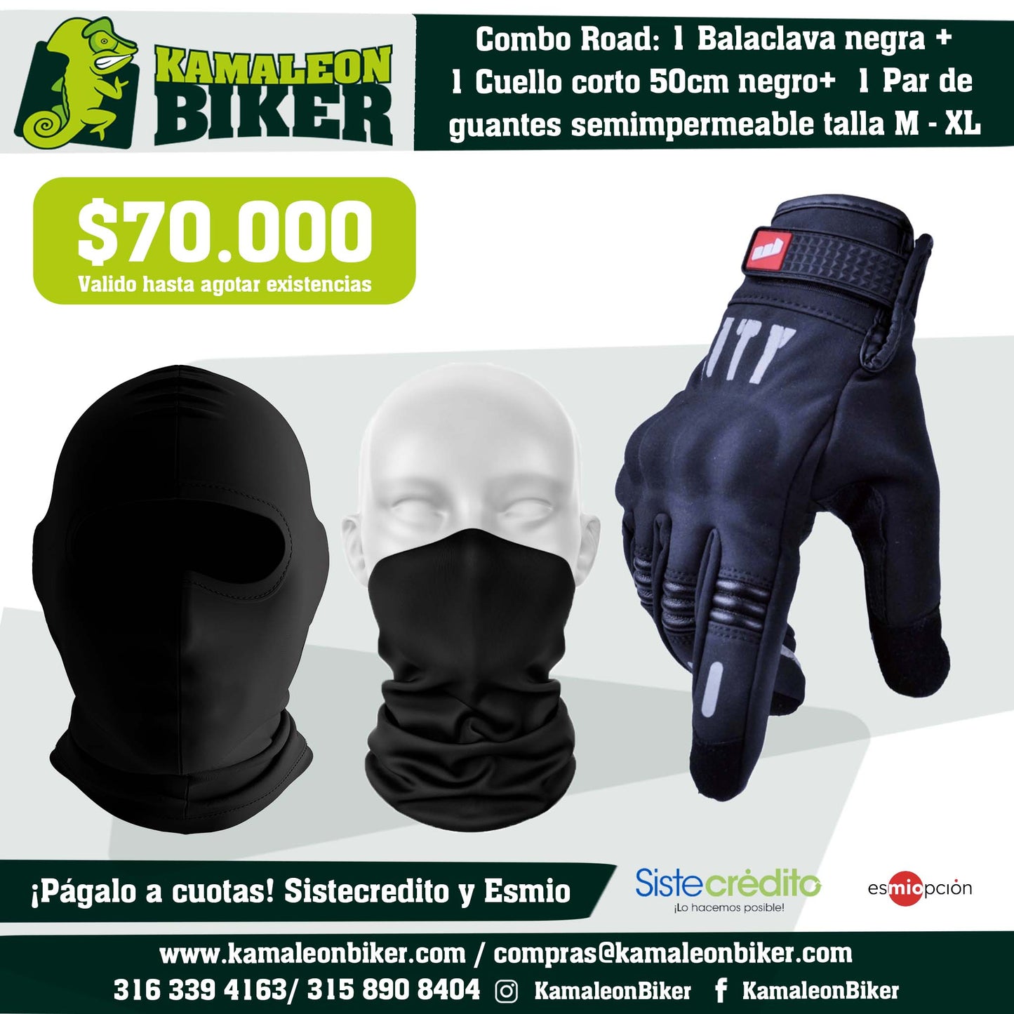 Combo Road: 1 Balaclava negra + 1 Cuello corto 50cm negro + 1 Par de guantes semi impermeable talla M hasta XL