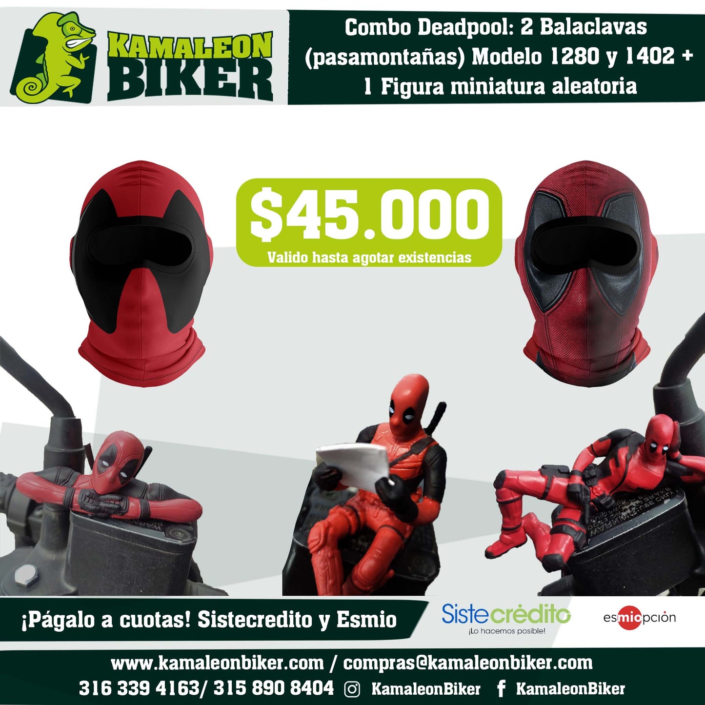 Combo Deadpool: 2 Balaclavas (pasamontañas) Modelo 1280 y 1402 + 1 Figura miniatura aleatoria
