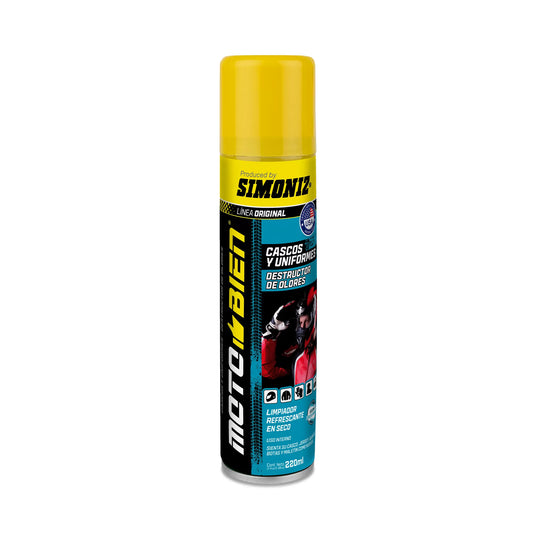 Limpiador Desinfectante de Cascos e Indumentaria 220ml - ELIMINADOR DE OLORES - SIMONIZ MOTOBIEN