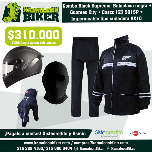 Combo Black Supremo: Balaclava negra + Guantes City + Casco ICH 501SP +  Impermeable tipo sudadera AX10