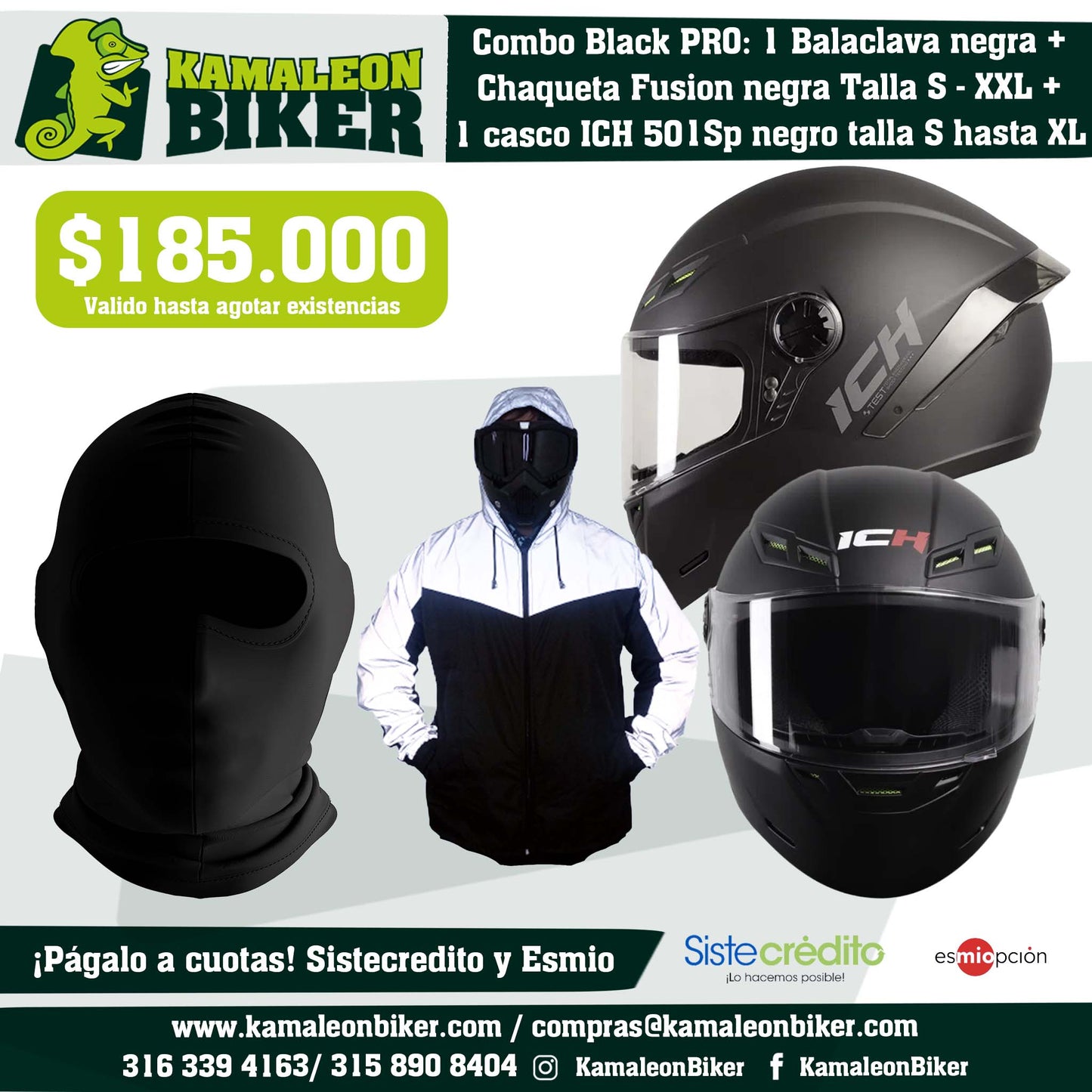 Combo Black PRO: 1 Balaclava negra + Chaqueta Fusion negra Talla S - XXL + 1 casco ICH 501Sp negro talla S hasta XL