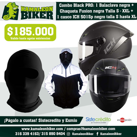 Combo Black PRO: 1 Balaclava negra + Chaqueta Fusion negra Talla S - XXL + 1 casco ICH 501Sp negro talla S hasta XL