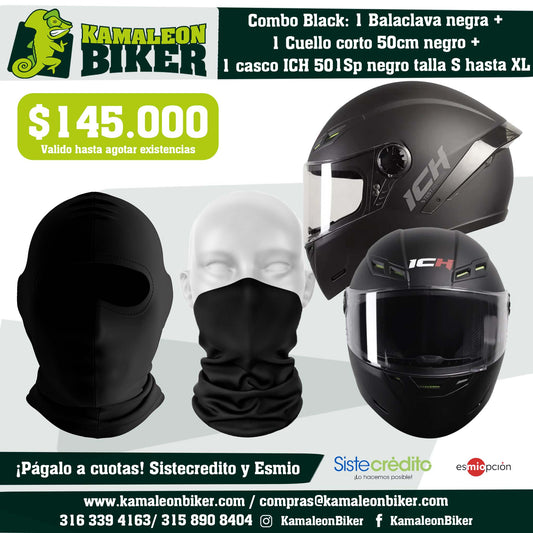 Combo Black: 1 Balaclava negra + 1 Cuello corto 50cm negro + 1 casco ICH 501Sp negro talla S hasta XL