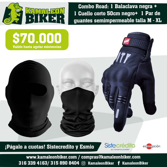 Combo Road: 1 Balaclava negra + 1 Cuello corto 50cm negro +  1 Par de  guantes semi impermeable talla M hasta XL