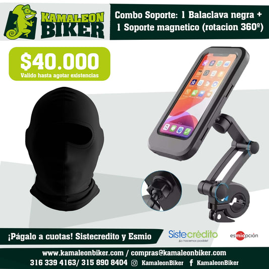 Combo Soporte: 1 Balaclava negra +  1 Soporte magnetico (rotacion 360º)