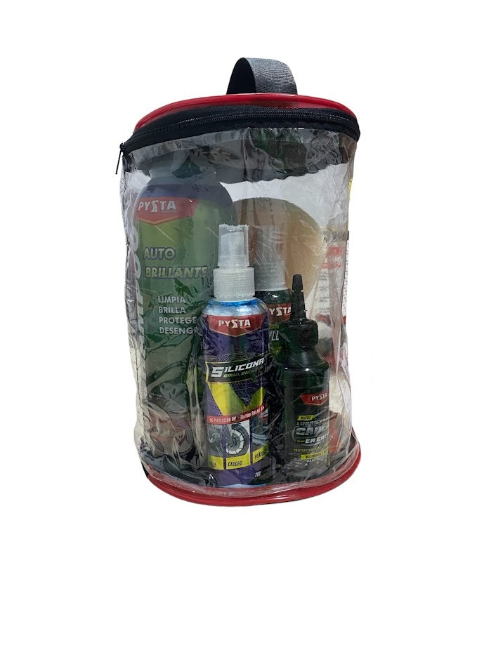 Super Kit Moto Limpieza Grande 6 en 1 Para Moto Aroma Chicle (Shampoo 1 litro + Silicona Emulsionada Chicle 200ml + Polyllantas 200ml + Desengrasante 40ml + Lubricante Cadena en Crema + Espumon) - Pysta