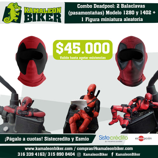 Combo Deadpool: 2 Balaclavas  (pasamontañas) Modelo 1280 y 1402 + 1 Figura miniatura aleatoria