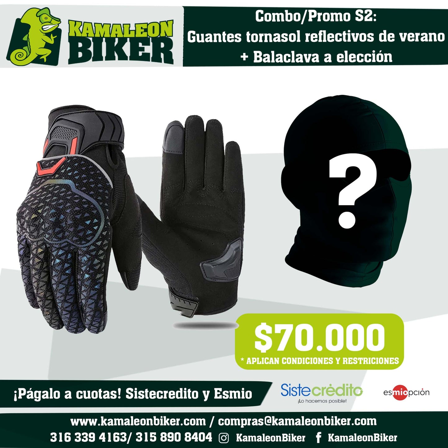 Combo/Promo S2: 1 PAR Guantes tornasol reflectivos de verano + 1 Balaclava a elección