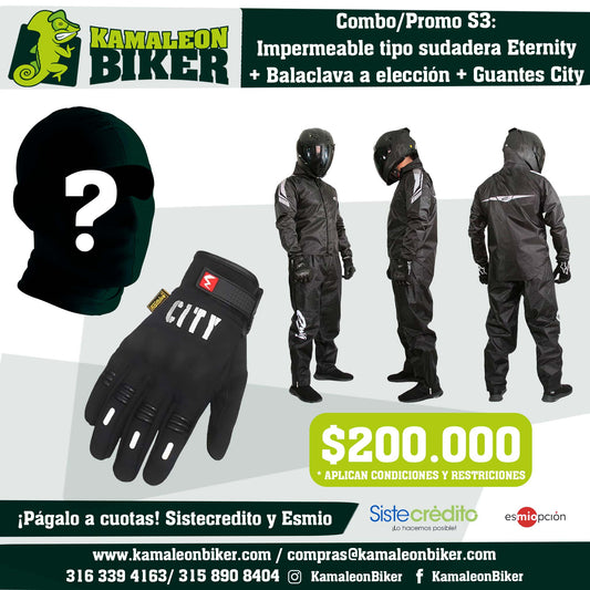 Combo/Promo S3: 1 Impermeable tipo sudadera Eternity + 1 Balaclava a elección + 1 Par de Guantes City